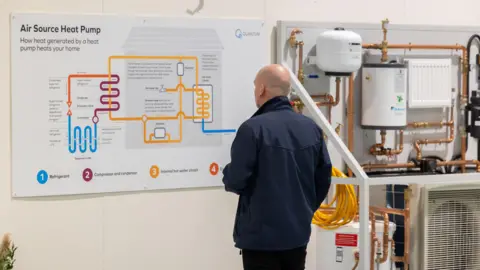 Wiltshire College & University Centre A bald man stands looking an information board, with a diagram of an air source heat pump. A real pump has been installed to his right.