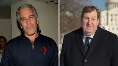 Splitscreen. Left, archival of Jeffrey Epstein. Right, BBC journalist Gary O'Donoghue