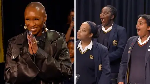 Splitscreen image of Cynthia Erivo smiling, and school girls looking surprised