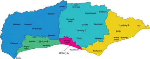 Brighton and Hove City Council A map showing Sussex divided into five unitary authorities, A to E, each depicted in different bright colours.