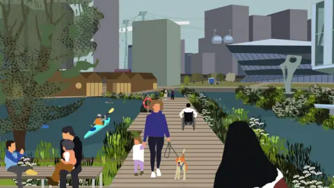 Royal Docks Waterways A wooden walkway surrounded by leaves and flowers can be seen with people walking along it and relaxing on benches. The art style is simple with bold colours. 