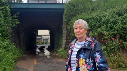 LDRS Gill Jinman by the Hereford-Abergavenny line in Pontrilas She is wearing a blue coat with flowers on and a stripey top and has short grey hair. She is looking at the camera and behind her is a railway tunnel.