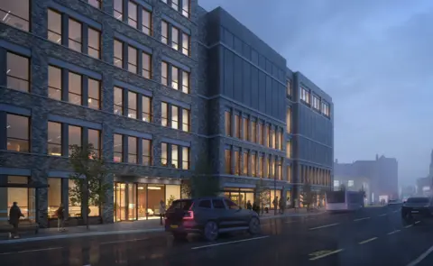 WYYTTAVIN Artist's impression of a view of the building from the Lord Street site at dusk