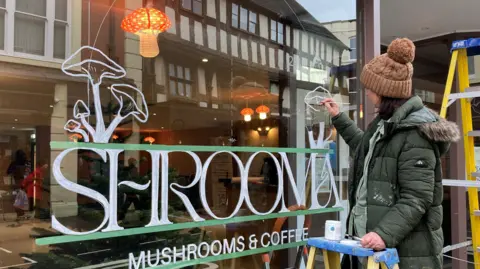 A woman paints a picture of a mushroom on the shop window. The sign on the window says Shrooma in big capital letters. Below, it says Mushrooms & Coffee.  There is a reflection of a Tudor building on the opposite side of the street. You can also see some mushroom lights hanging inside the shop.