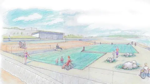Swim the Wight An artist's sketch of the sea pool alongside a beach with cliffs in the background. A number of people are shown in or around the pool.