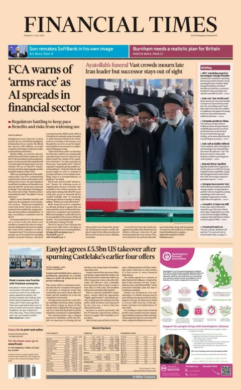 The headline on the front page of the Financial Times reads: 'FCA warns of 'arms race' as AI spreads in financial sector'.