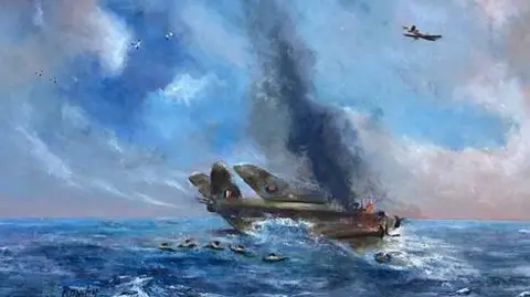 RNLI An artist impression of the air craft that was ditched. The aircraft is green and in the sea which is illustrated blue, with smoke coming out of the top. There is other aircrafts in the sky.