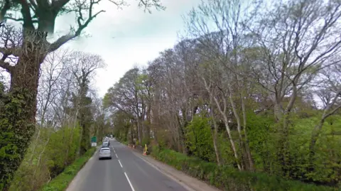 Google The Road, which runs from Douglas to Peel, near Ballacraine. There are  trees lining both sides of the road.