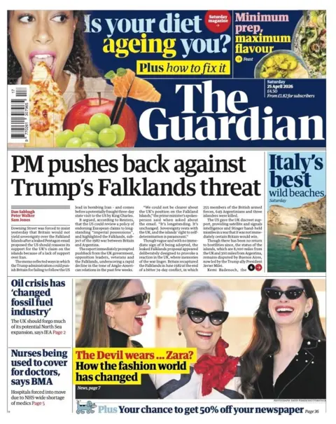 The headline on the front page of the Guardian reads: “PM pushes back against Trump's Falklands threat”.