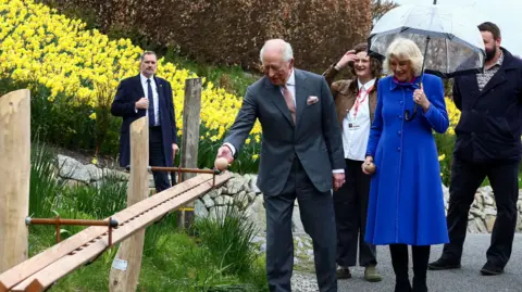 PA Media King is ready to release a marble down a large wooden chute. Camilla is by his side and there are many plants behind, including a swathe of daffodils.
