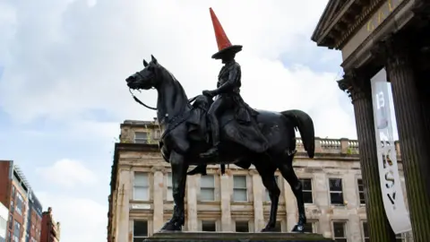 The Duke of Wellington statue outside the GoMA in Glasgow city centre.