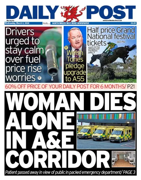 Daily Post Daily Post front page. The headline reads 'Woman dies alone in A&E corridor'.