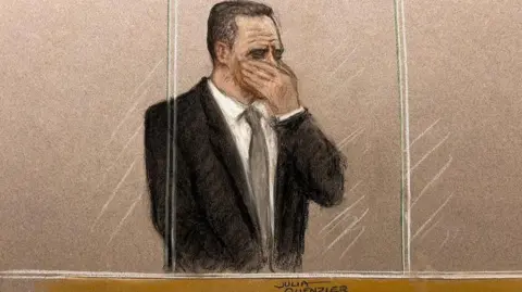 Julia Quenzler A court sketch shows Paul Doyle, who is wearing a black suit and tie, has his hand over his mouth as he sobs in the dock at Liverpool Crown Court. 