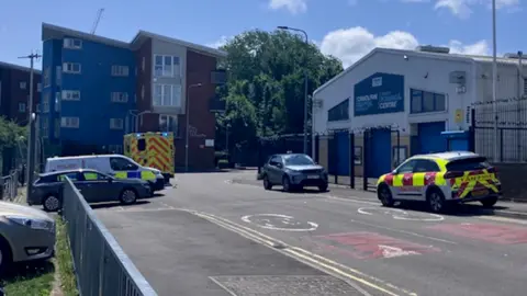 A road with a block of flats at one end and cars parked either side, including a fire service car, a police van and an ambulance with its blue lights on.