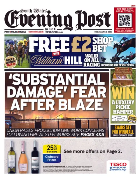 South Wales Evening Post Front page of the South Wales Evening Post with the splash headline "'Substantial damage' fear after blaze" and a picture of orange flames engulfing an industrial area. 
