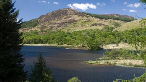 A loch surrounded by trees and and a hilly landscape in the distance