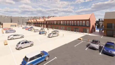 Scarborough Town Board Artist's impression of how new parking facilities would look if approved. Image shows red-brick buildings on the right with a wide paved parking area to the left of the image.