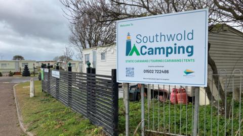 Sign saying Southwold Camping at the entrance to the site 