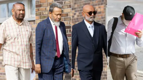 Athena Picture Agency A composite image of four men outside court. The man on the far right wears a long-sleeved shirt and a face mask - he is covering his face with a folder. The middle two men are wearing shirts, ties and dark suit jackets; the man on the left wears a short-sleeve checked shirt.