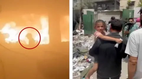 Split image showing girl escaping fire, circled in red, and her later being carried in the ruins by a man