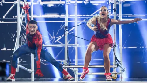 Kyran O'Brien/RTÉ Gymnast Rhys McClenaghan wearing a spider-man outfit and his dance partner Laura Nolan dance to the theme song from the film