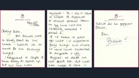 Lay's Auctioneers A composite image of three pages of letters. The three pages are on a black background. The writing appears to be handwritten and are signed by Diana. 