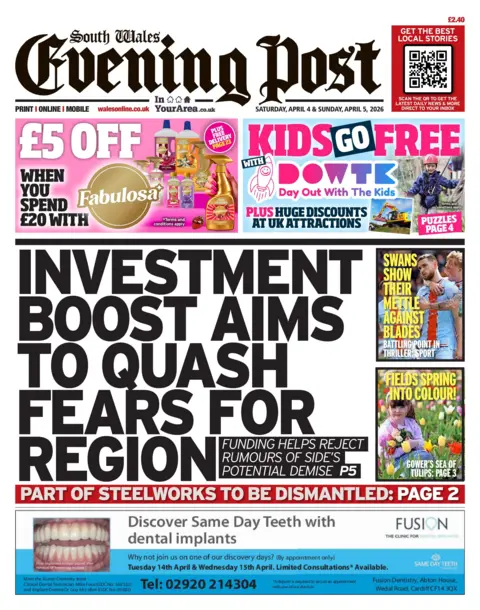 South Wales Evening Post Front page of the South Wales Evening Post, with the main headline reading: "Investment boost aims to quash fears for region", along with the subheadline "Funding helps reject rumours of side's potential demise" Page 5.
