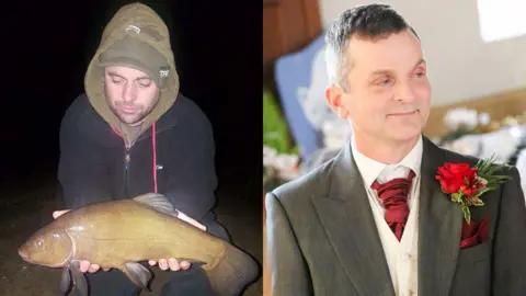 Norfolk Police Jonathan Collins (left) wearing a hooded top and carrying a fish and Neil Moon with short dark hair wearing a morning suit with a red carnation