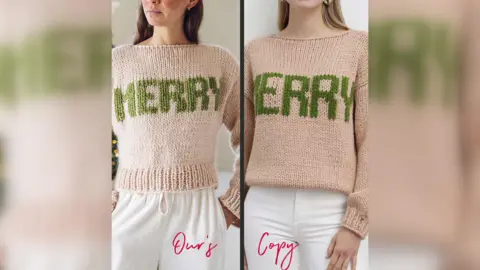 A side by side image showing one of Aston's designs (left) next to a copycat design (right). The two jumpers are near identical. The jumper is cream with green writing that reads: "Merry." 