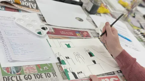 Hayley Bromell A table covered in newspapers and the arm of someone using a pencil and paintbrush to design a picture showing groups of people in a pub. The people are wearing green and black clothes. There is a paint pallet with green and black paint, and a piece of notepaper with a bullet point list