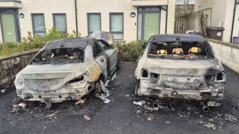 Two cars burnt out in a driveway. There is a cream coloured house behind the cars. 
