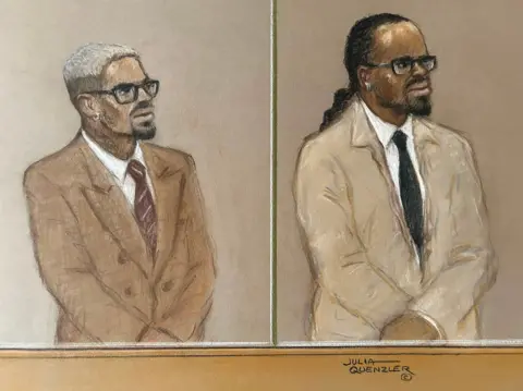 Julia Quenzler A court sketch showing Chris Brown and Omololu Akinlolu standing in court wearing suits and looking ahead