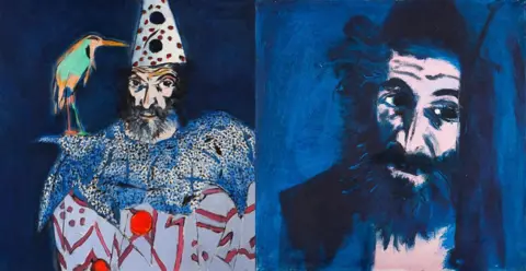 Philip Sutton (L-R) Heron and Friend, a picture of Mr Sutton dressed in a white and red clown costume, and Self-portrait, a picture of the artist in blue and pink against a blue background