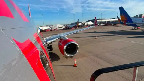 Wing or aeroplane on a runway