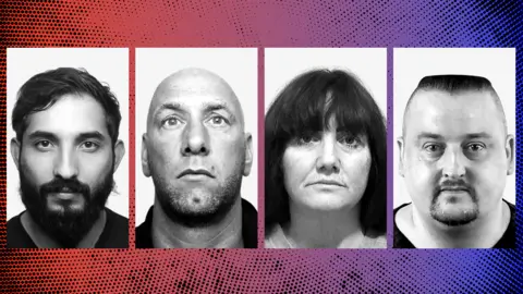 BBC Promo image showing the police mugshots of four men sentenced over riot-related offences