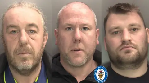 West Midlands Police Three mug shots of three men. On the left the man has grey-blonde hair and facial hair. In the middle, he has very short grey hair and facial hair. The man on the right has brown hair and facial hair