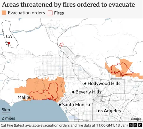 Image shows areas that have been ordered to evacuate on a map of Los Angeles based on the latest available data as 13 January 2025