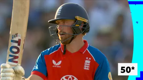 Phil Salt holding up his bat after playing in the men's international T20.