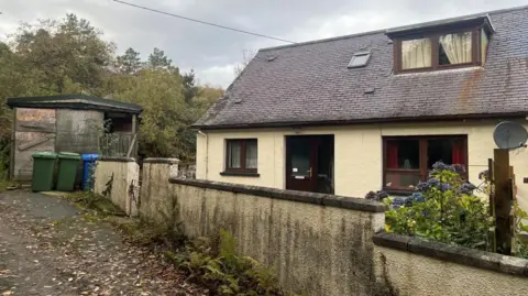 The house is behind a harled wall. There is a bush with blue flowers while at the end of a short drive are wheelie bins and a garden shed.