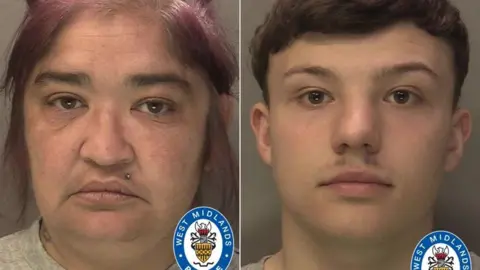 West Midlands Police A composite image police mugshots of Antoinette Sheppard and Kieron Spicer. She has red hair and is wearing a grey top. He has brown hair and is brown hair and is wearing a grey top.