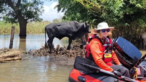 LFB Sarah is dressed in red and sitting in a red rescue boat. She wears a white hat and sunglasses. Cattle can be seen in the background stranded in the flood.
