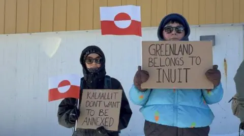 Getty Imagess Two people dressed in heavy jackets, sunglasses and mittens at an anti-US protest in Greenland. They are holding indigenous red and white flags and signs that read "Kalaallit don't want to be annexed" and "Greenland belongs to Inuit".