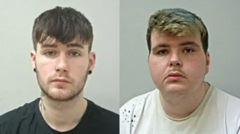 Lancashire Police The mugshots of Thomas Bates, who has dark hair with a fringe and black earring, and James Palmer, who has dark hair with bleached sections and a short moustache.