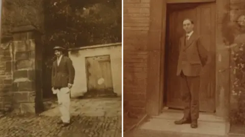 Two sepia photos of Vivian Avery standing outside Ushaw House. In both he's wearing a suit and looking into the camera.