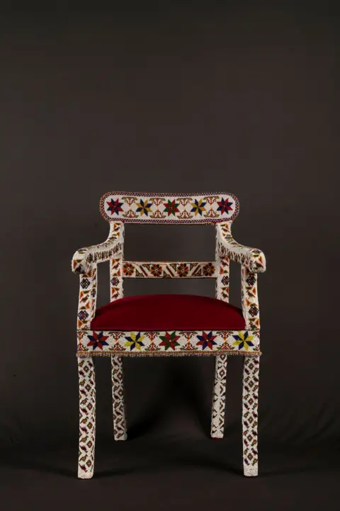 Vivek Gandhi The moti chair, featuring colourful ceramic beads from Kathiawar in Gujarat, which took eight months to restore.