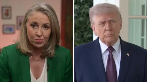 A BBC composite image of Sarah Smith and US President Donald Trump