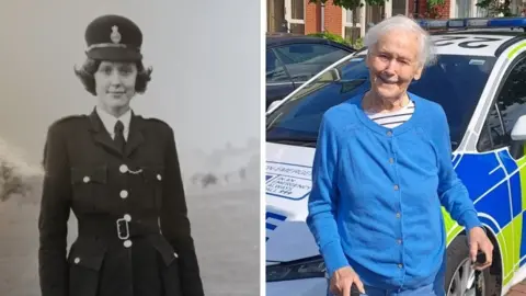 The left image is a black and white picture of Jean Mulcaster in her uniform, when she was working in the 1960s. She has a shirt and tie and a buttoned-up police jacket, with a hat. The right image is Ms Mulcaster now. She is wearing a T-shirt, blue cardigan and jeans and trainers and has walking sticks. She is standing in front of a marked patrol car.