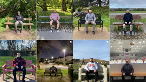 @ratethisbench A montage of eight different review photos, with Sam Wilmot sitting on various benches looking at the camera. 