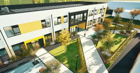 Concertus/Suffolk County Council A bird's eye view of an artist's impression what the new teaching block could look like. The building is spread across two floors and has large windows and a large entrance. Trees and bushes line the ground outside.