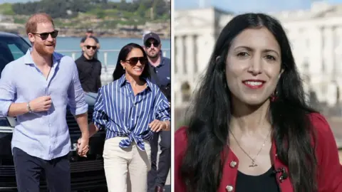 A splitscreen image. On the left, Harry and Meghan. The right, Noor Nanji.